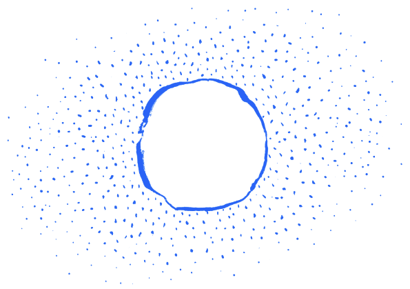 An open circle drawn in blue, surrounded by a field of scattered marks