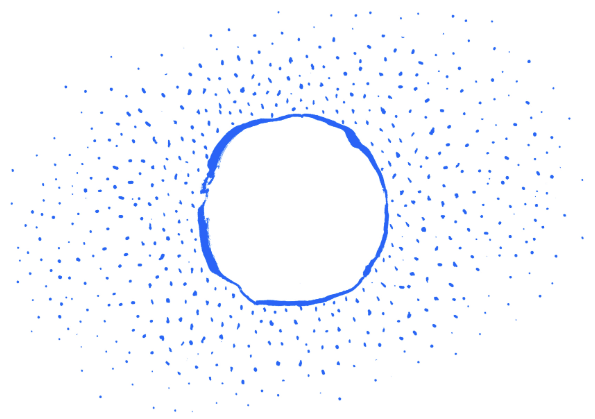 An open circle drawn in blue, surrounded by a field of scattered marks